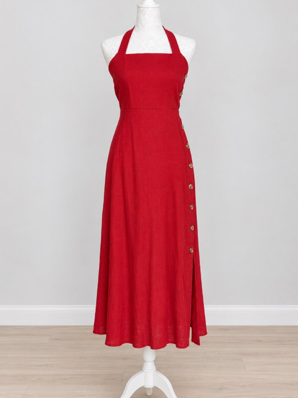 Reformation Mar Linen Dress Cherry Red Size 2 | Halter Midi